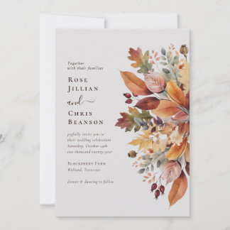 Rustic Autumn Watercolor Leaves Berries Wedding Invitation