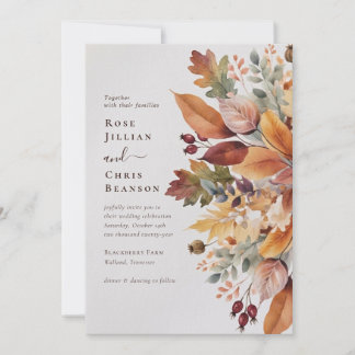 Rustic Autumn Watercolor Leaves Berries Wedding Invitation