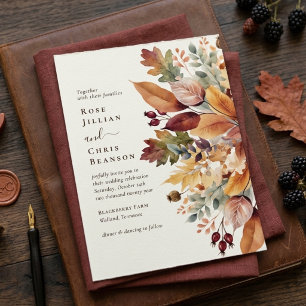 Rustic Autumn Watercolor Leaves Berries Wedding Invitation