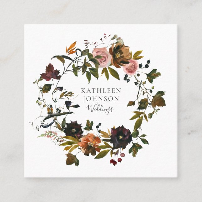 Rustic Autumn Wedding Floral Wreath Business Cards (Front)