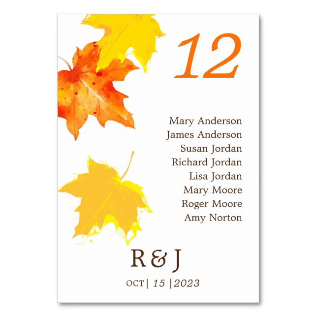 Rustic Autumn Wedding Table Seating Chart Number (Front)