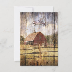 rustic autumn western country red barn wedding invitation