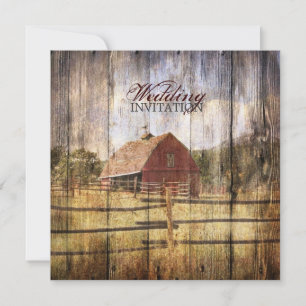 rustic autumn western country red barn wedding invitation
