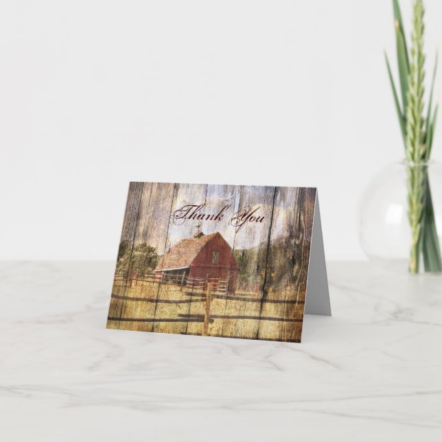 rustic autumn western country red barn wedding thank you card (Front)