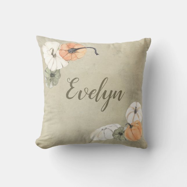 Rustic Autumn White, Orange Pumpkins Personalized Throw Pillow (Front)