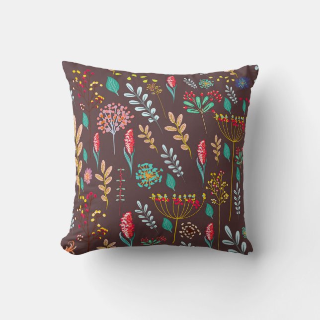 Rustic Autumn Wildflower Meadow on Chocolate Brown Throw Pillow (Front)