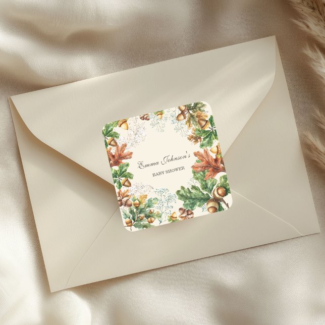Rustic Autumn Woodland Baby Shower Square Sticker (Creator Uploaded)