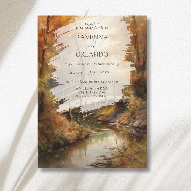 Rustic Autumn Woodland Bridge Fall Wedding Invitation (Creator Uploaded)