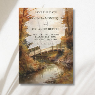 Rustic Autumn Woodland Bridge Fall Wedding Save The Date