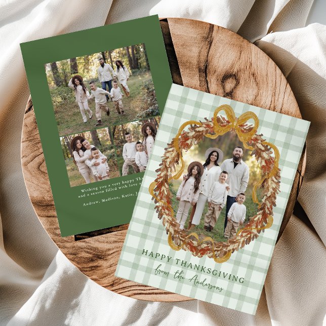 Rustic Autumn Wreath with Bow 4 Photo Thanksgiving Holiday Card (Creator Uploaded)