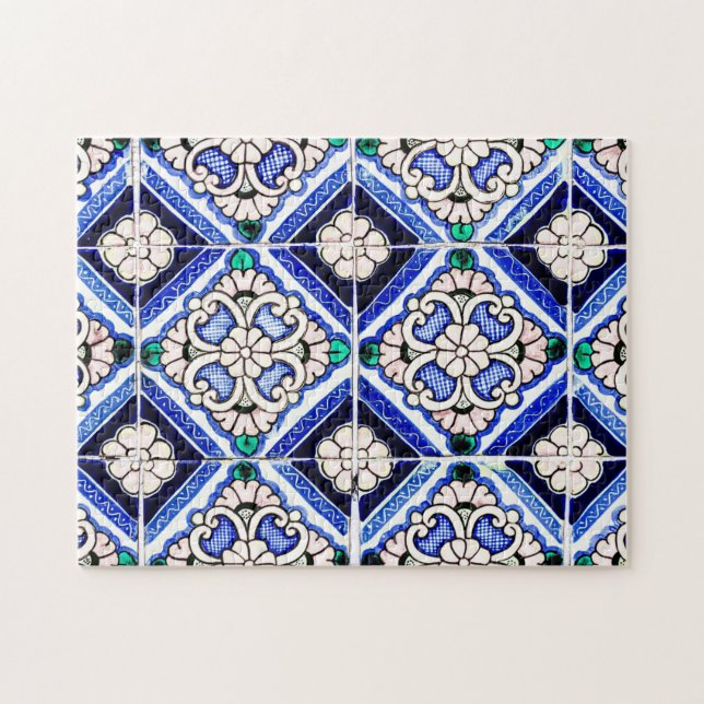 Rustic Azulejo Spanish Pattern Tiles Navy White Jigsaw Puzzle (Horizontal)