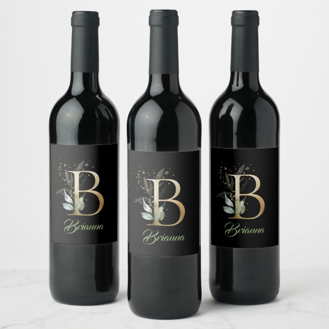 Rustic B monogram greenery foliage eucalyptus gold Wine Label (Bottles)