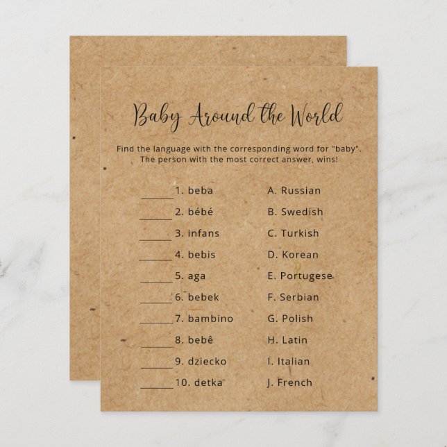 Rustic - Baby Around the world - Baby Shower Game (Front/Back)