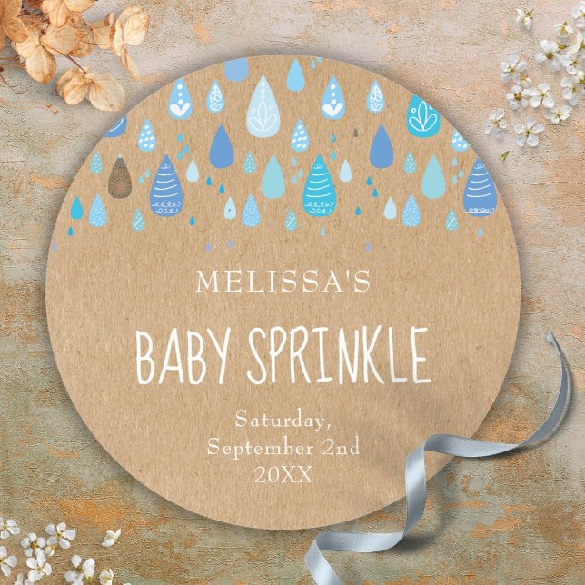 Rustic Baby Blue Raindrops Baby Sprinkle Shower Classic Round Sticker (Rustic Baby Blue Raindrops Baby Sprinkle Shower Classic Round Sticker)