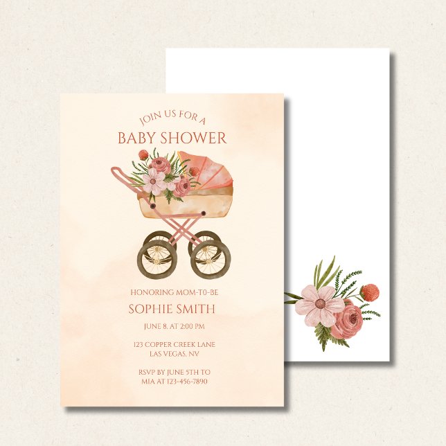 Rustic Baby Carriage Watercolor Floral Baby Shower Invitation (Creator Uploaded)