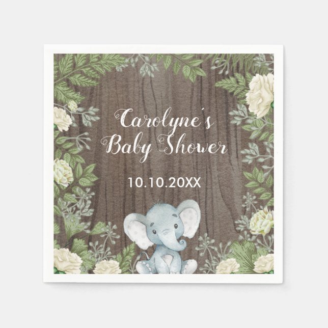 Rustic Baby Elephant / Botanical Greenery / Safari Napkin (Front)