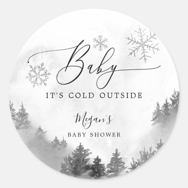 Rustic Baby It's Cold Outside Grey Baby Shower  Classic Round Sticker (Front)