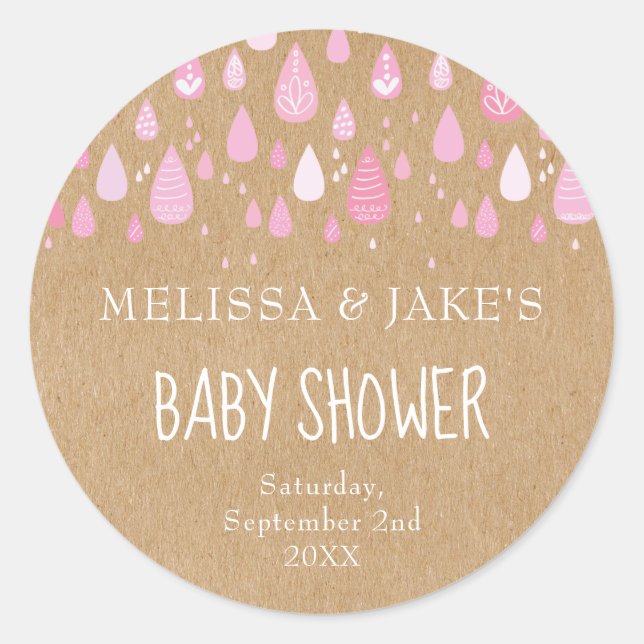 Rustic baby pink raindrops couples baby shower classic round sticker (Front)