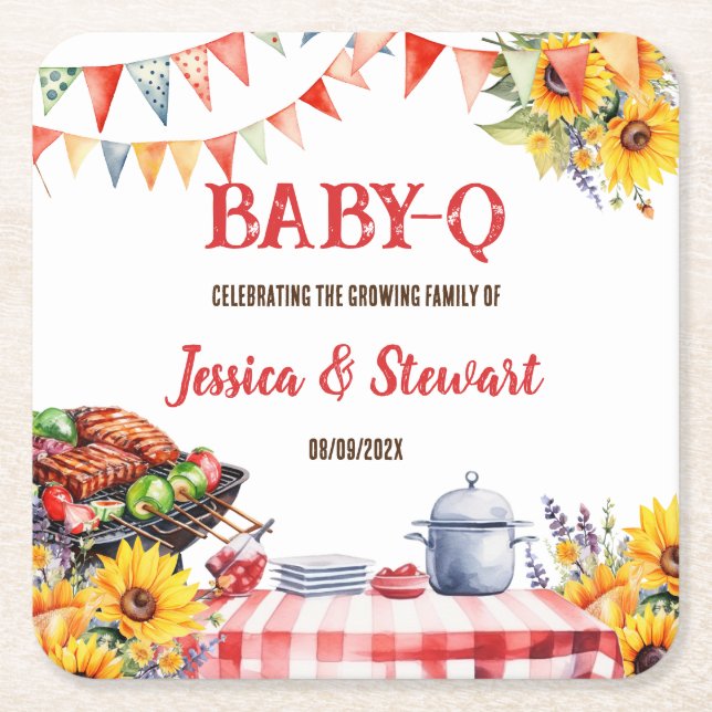 Rustic BABY-Q Barbecue Picnic Sunflower Plaid Square Paper Coaster (Front)