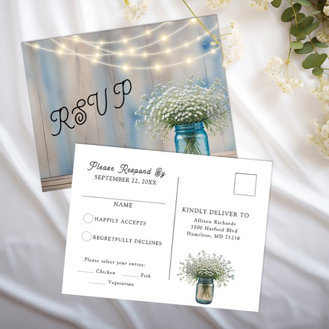 Rustic Baby’s Breath Mason Jar RSVP Postcard (rsvp - postcard)