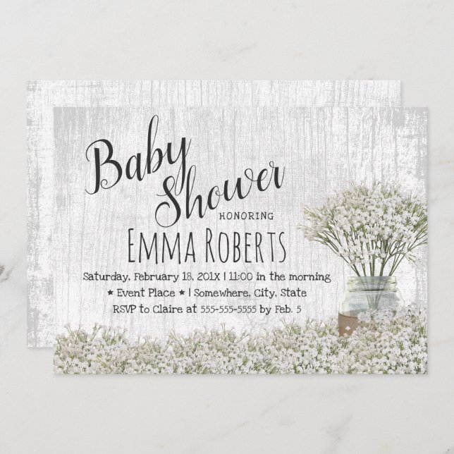 Rustic Baby Shower Baby's Breath Mason Jar Floral Invitation (Front/Back)