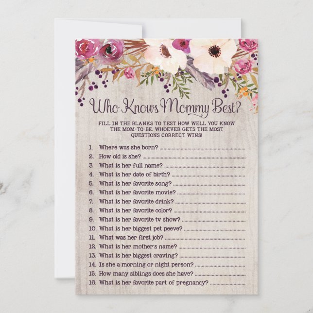 Rustic Baby Shower Game Who Knows Mommy Best Invitation (Front)