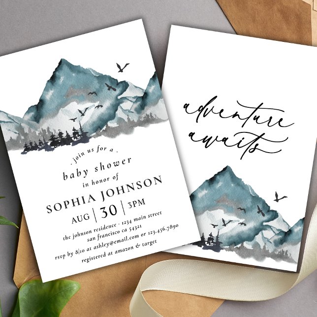 Rustic Baby Shower Watercolor Mountain Woodland Invitation (Creator Uploaded)