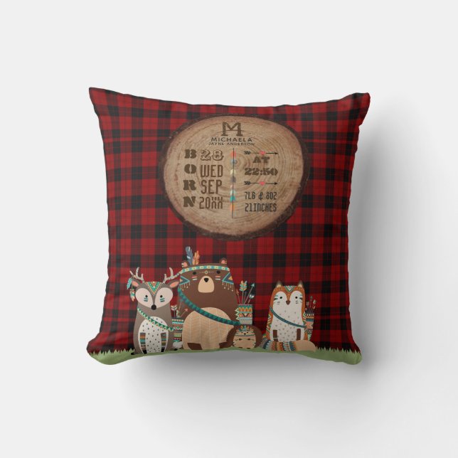 Rustic BABY STATS Lumberjack Woodland Animals Throw Pillow (Front)