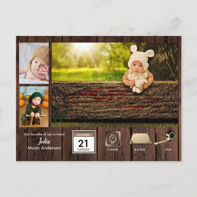 RUSTIC BABY STATS Photo Collage Announcement Postcard (Front)