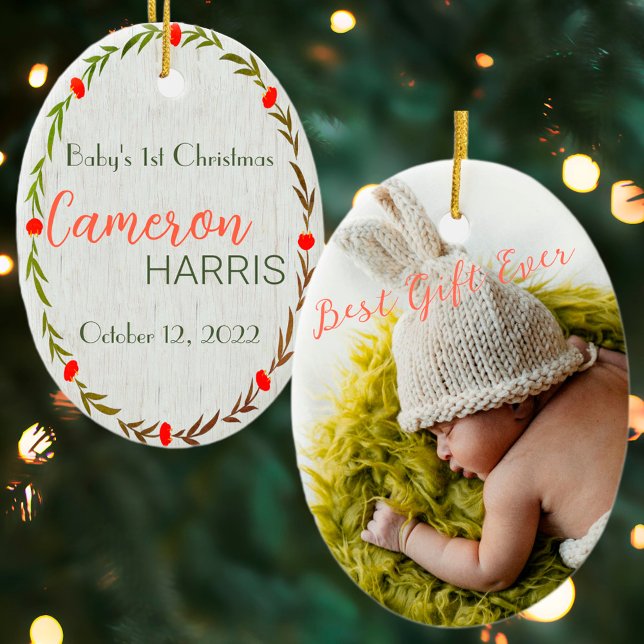 Rustic Baby's 1st Christmas Best Gift Photo Ceramic Ornament (Creator Uploaded)
