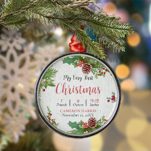 Rustic Baby's 1st Christmas Birth Details  Metal Ornament