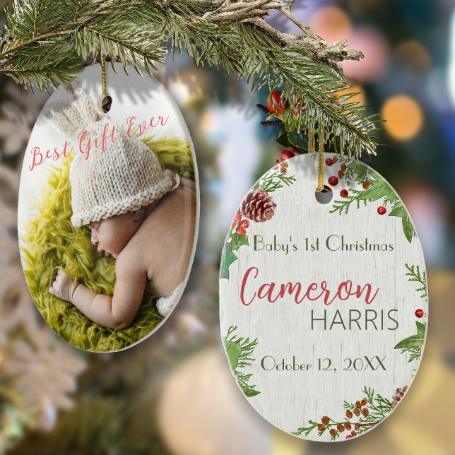Rustic Baby's 1st Christmas Milestone Photo  Ornament (Creator Uploaded)