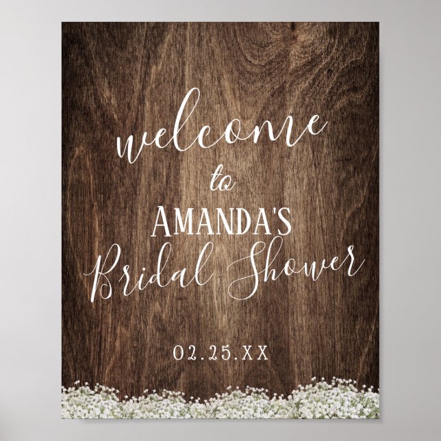 Rustic Baby's Breath Floral Bridal Shower Welcome Poster (Front)