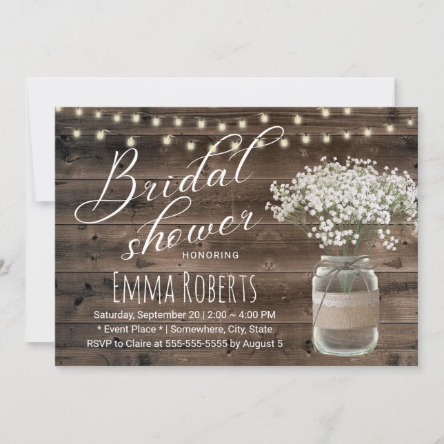 Rustic Baby's Breath Floral Jar Barn Bridal Shower Invitation (Front)