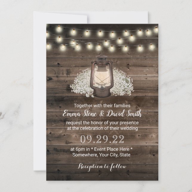 Rustic Baby's Breath Floral Lantern Barn Wedding Invitation (Front)