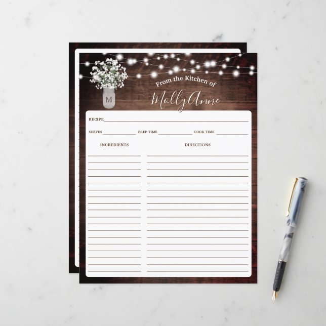 Rustic Baby's Breath Jar Lights Recipe Sheet (Front/Back In Situ)