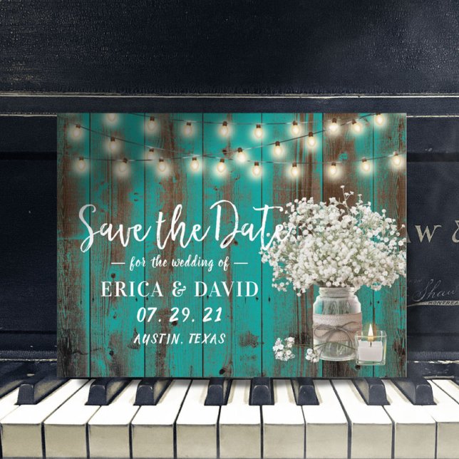 Rustic Baby's Breath Jar Teal Wood Save the Date Announcement Postcard (Creator Uploaded)
