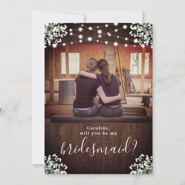 Rustic Babys Breath Lights Be My Bridesmaid Card (Front)