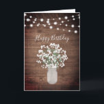 Rustic Baby's Breath Lights Mason Jar Birthday Card<br><div class="desc">This design features dainty watercolor baby's breath flowers in a mason jar vase on a rustic wood background with string lights. Click the customize button for more flexibility in modifying the text or moving the graphics! Variations of this design as well as coordinating products are available in our shop, zazzle.com/doodlelulu*....</div>