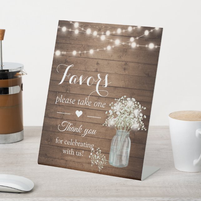 Rustic Baby's Breath Lights Wedding Favours Pedestal Sign (In SItu)