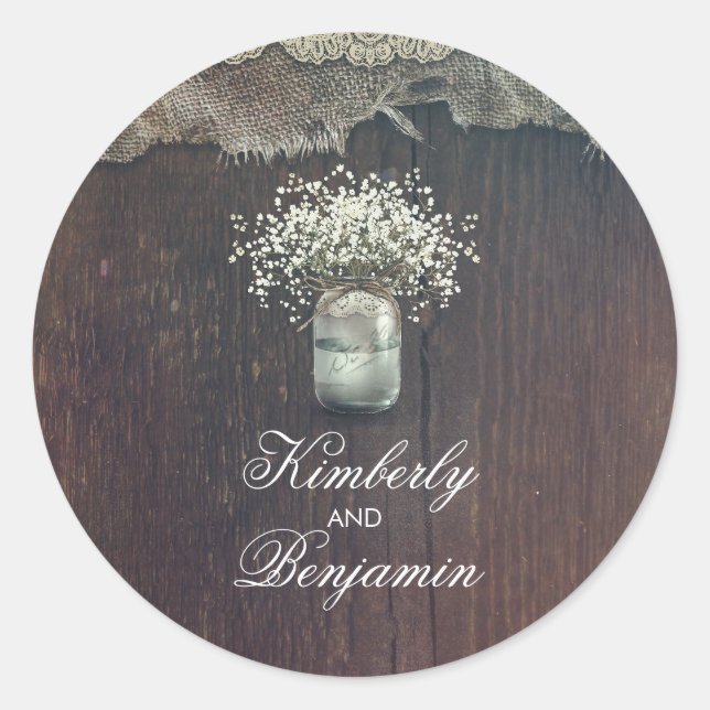Rustic Baby's Breath Mason Jar Barn Wedding Classic Round Sticker (Front)