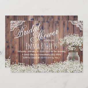 Rustic Baby's Breath Mason Jar Laced Bridal Shower Invitation