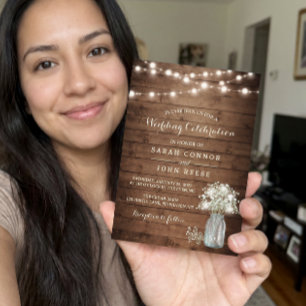Rustic Baby's Breath Mason Jar Lights Wedding Invitation