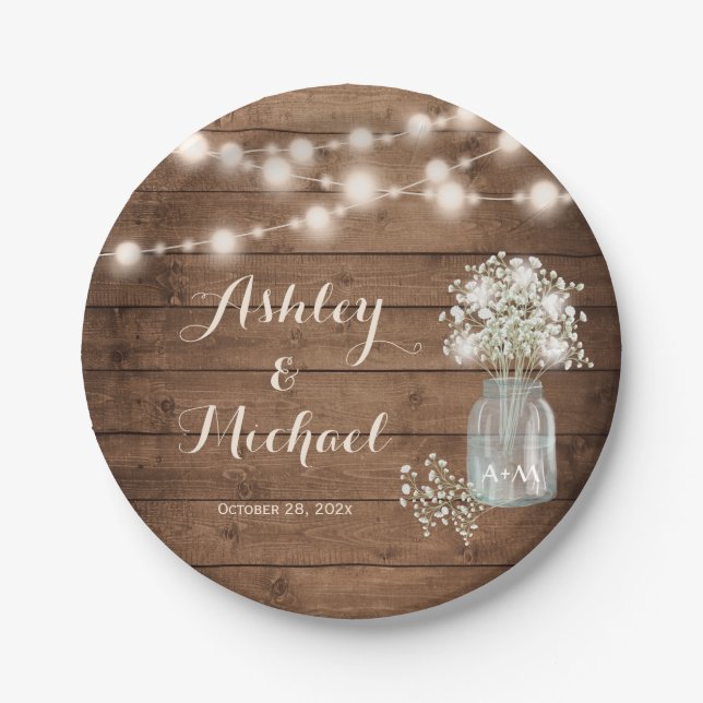 Rustic Baby's Breath Mason Jar Lights Wedding Paper Plate (Front)
