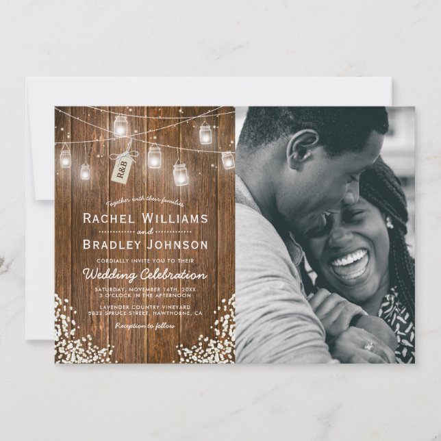 Rustic Babys Breath Mason Jar Photo Wedding Invitation (Front)