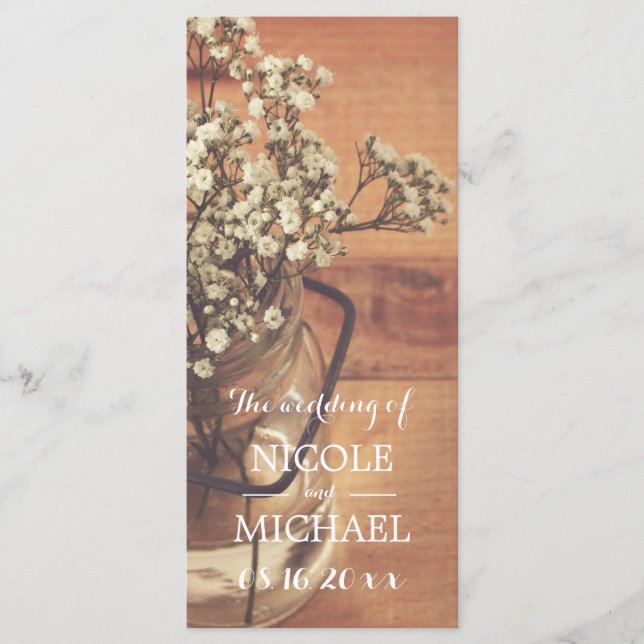Rustic Baby's Breath Mason Jar Wedding Program (Front)