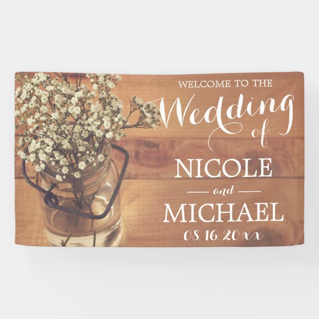 Rustic Baby's Breath Mason Jar Wood Wedding Banner (Horizontal)