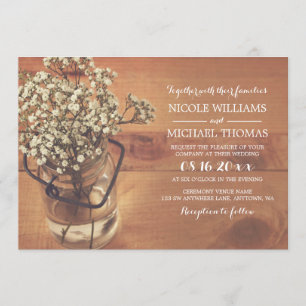 Rustic Baby's Breath Mason Jar Wood Wedding Invitation