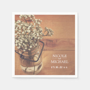 Rustic Baby's Breath Mason Jar Wood Wedding Napkin