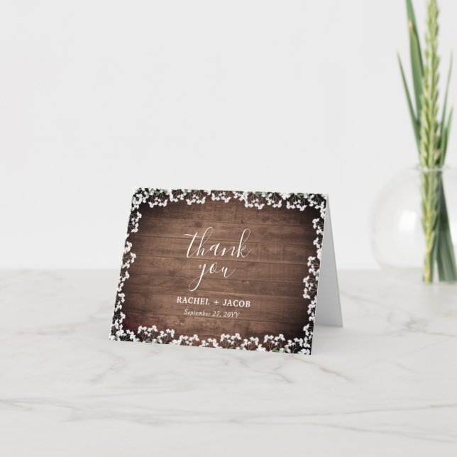 Rustic Baby's Breath on Dark Wood Wedding  Thank You Card (Front)